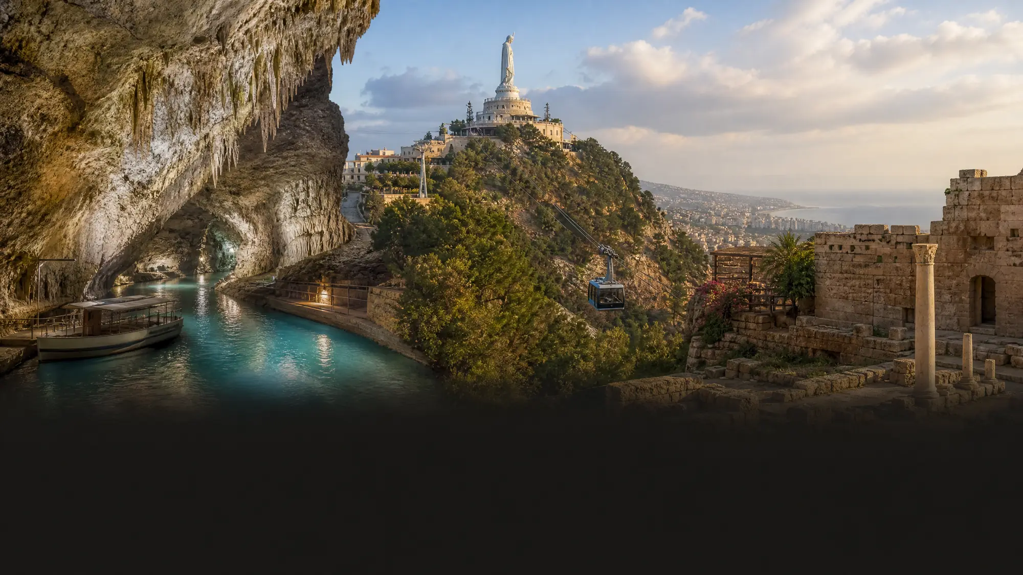 Entdecken Sie an einem Tag drei besondere Wahrzeichen des Libanon. Besuchen Sie Kalksteinhöhlen, ein Bergheiligtum und antike Küstenruinen auf einer 8-stündigen Reise ab Beirut.