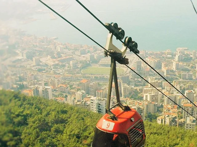 A red cable car travels above a densely populated city by the coast.